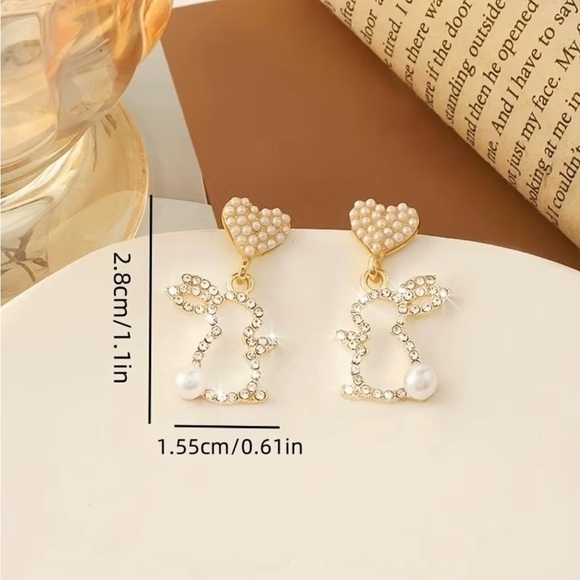 Gold Bunny Outline Drop Earrings with Pearl Accent - Women Jewelry - Picture 3 of 3